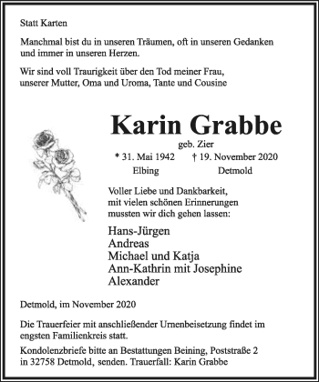 Anzeige  Karin Grabbe  Lippische Landes-Zeitung