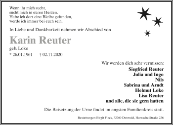 Anzeige  Karin Reuter  Lippische Landes-Zeitung