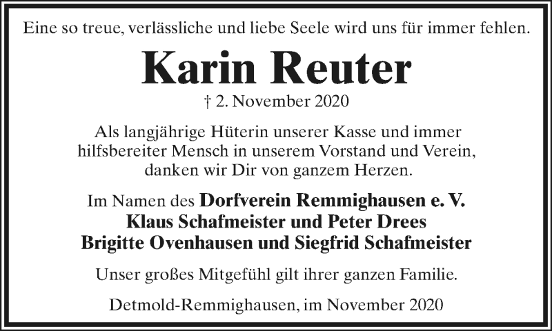  Traueranzeige für Karin Reuter vom 07.11.2020 aus Lippische Landes-Zeitung