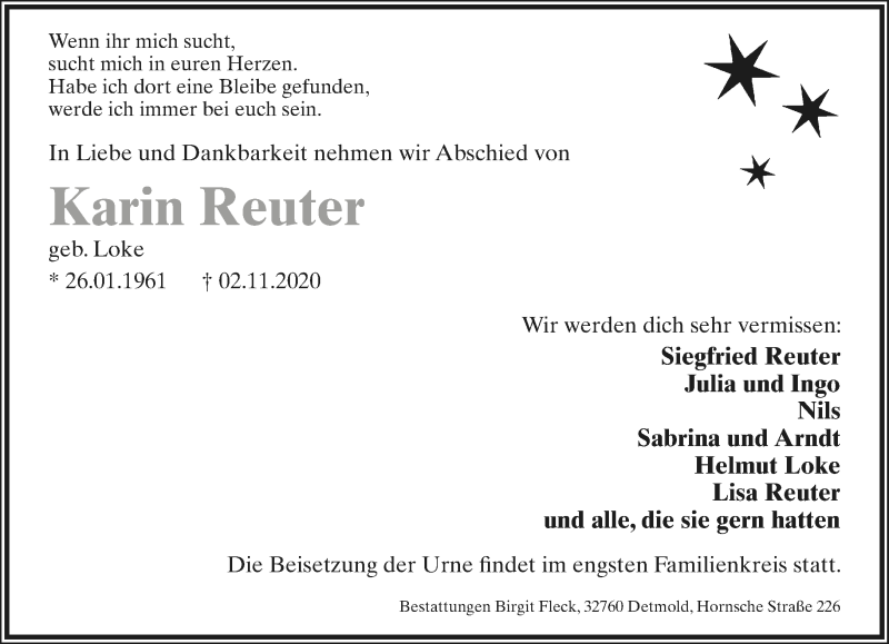  Traueranzeige für Karin Reuter vom 07.11.2020 aus Lippische Landes-Zeitung