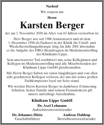 Anzeige  Karsten Berger  Lippische Landes-Zeitung