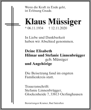 Anzeige  Klaus Müssiger  Lippische Landes-Zeitung