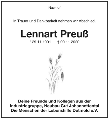Anzeige  Lennart Preuß  Lippische Landes-Zeitung