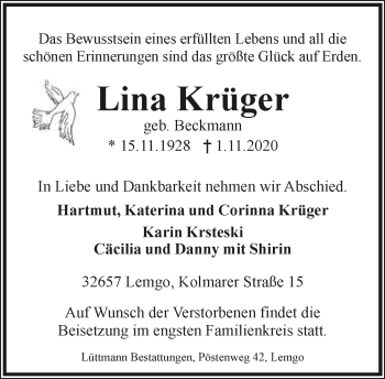 Anzeige  Lina Krüger  Lippische Landes-Zeitung