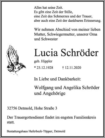 Anzeige  Lucia Schröder  Lippische Landes-Zeitung