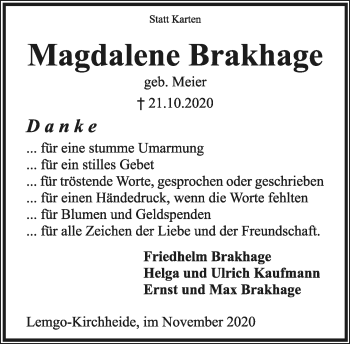 Anzeige  Magdalene Brakhage  Lippische Landes-Zeitung
