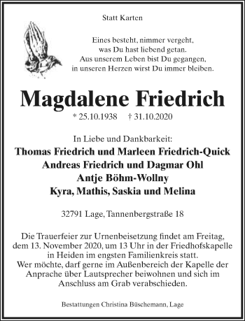 Anzeige  Magdalene Friedrich  Lippische Landes-Zeitung