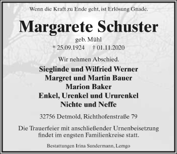 Anzeige  Margarete Schuster  Lippische Landes-Zeitung