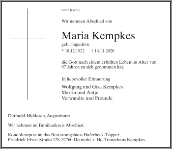 Anzeige  Maria Kempkes  Lippische Landes-Zeitung