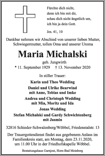 Anzeige  Maria Michalski  Lippische Landes-Zeitung