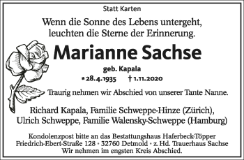 Anzeige  Marianne Sachse  Lippische Landes-Zeitung