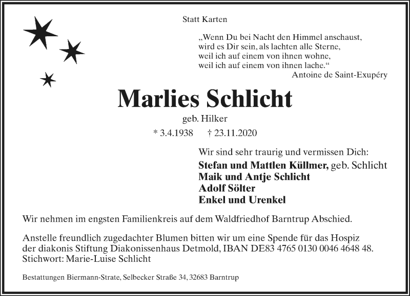  Traueranzeige für Marlies Schlicht vom 28.11.2020 aus Lippische Landes-Zeitung