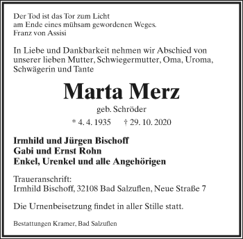 Anzeige  Marta Merz  Lippische Landes-Zeitung