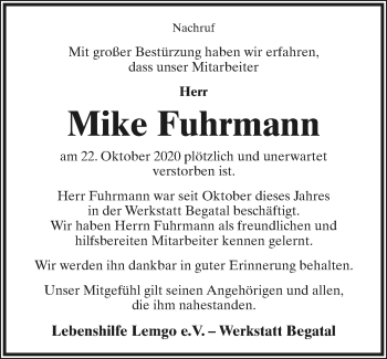Anzeige  Mike Fuhrmann  Lippische Landes-Zeitung