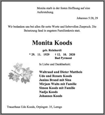 Anzeige  Monita Koods  Lippische Landes-Zeitung