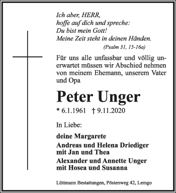 Anzeige  Peter Unger  Lippische Landes-Zeitung