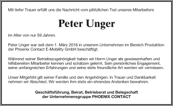 Anzeige  Peter Unger  Lippische Landes-Zeitung