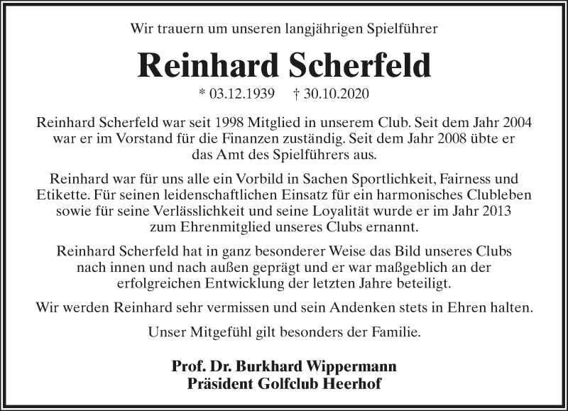  Traueranzeige für Reinhard Scherfeld vom 07.11.2020 aus Lippische Landes-Zeitung