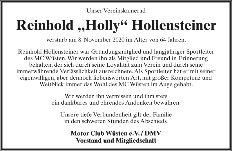  Traueranzeige für Reinhold Hollensteiner vom 14.11.2020 aus Lippische Landes-Zeitung