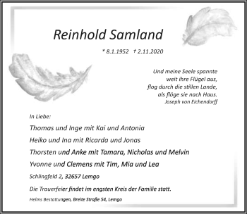 Anzeige  Reinhold Samland  Lippische Landes-Zeitung