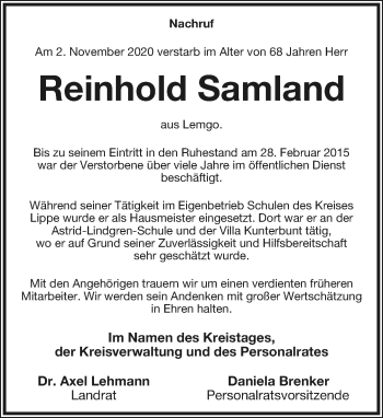 Anzeige  Reinhold Samland  Lippische Landes-Zeitung