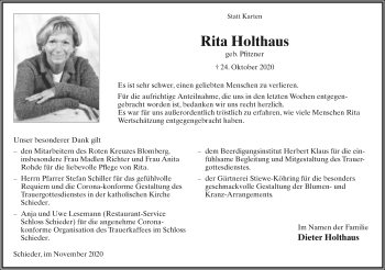 Anzeige  Rita Holthaus  Lippische Landes-Zeitung