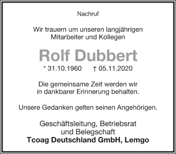 Anzeige  Rolf Dubbert  Lippische Landes-Zeitung