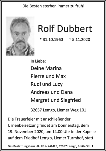 Anzeige  Rolf Dubbert  Lippische Landes-Zeitung