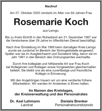 Anzeige  Rosemarie Koch  Lippische Landes-Zeitung