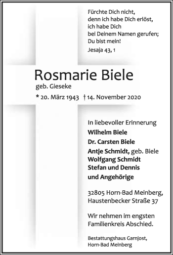 Anzeige  Rosmarie Biele  Lippische Landes-Zeitung