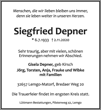 Anzeige  Siegfried Depner  Lippische Landes-Zeitung
