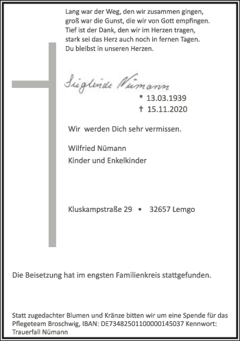 Anzeige  Sieglinde Nümann  Lippische Landes-Zeitung