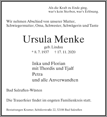 Anzeige  Ursula Menke  Lippische Landes-Zeitung
