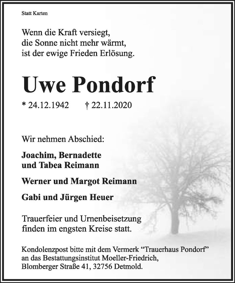  Traueranzeige für Uwe Pondorf vom 28.11.2020 aus Lippische Landes-Zeitung