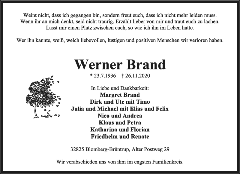  Traueranzeige für Werner Brand vom 28.11.2020 aus Lippische Landes-Zeitung