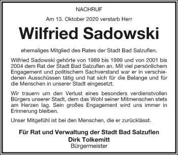 Anzeige  Wilfried Sadowski  Lippische Landes-Zeitung