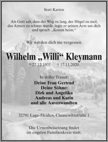 Anzeige  Wilhelm  Kleymann  Lippische Landes-Zeitung