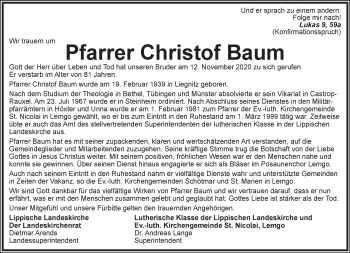 Anzeige  Christof Baum  Lippische Landes-Zeitung