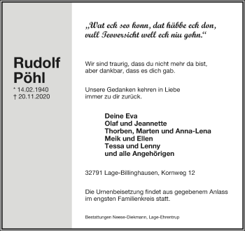Anzeige  Rudolf Pöhl  Lippische Landes-Zeitung