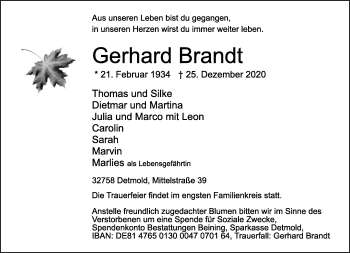 Anzeige  Gerhard Brandt  Lippische Landes-Zeitung