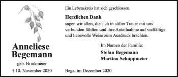 Anzeige  Anneliese Begemann  Lippische Landes-Zeitung