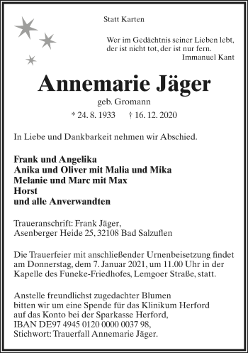 Anzeige  Annemarie Jäger  Lippische Landes-Zeitung