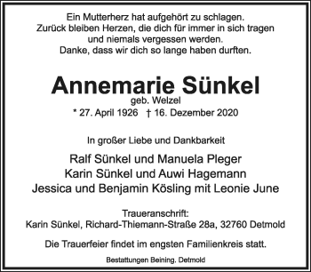 Anzeige  Annemarie Sünkel  Lippische Landes-Zeitung
