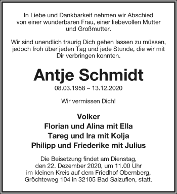 Anzeige  Antje Schmidt  Lippische Landes-Zeitung