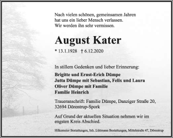 Anzeige  August Kater  Lippische Landes-Zeitung