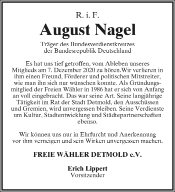 Anzeige  August Nagel  Lippische Landes-Zeitung