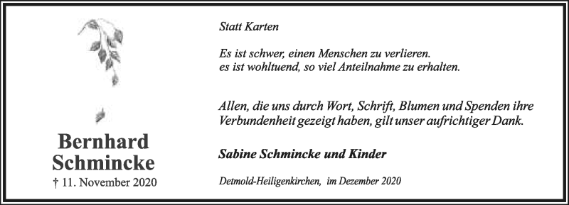  Traueranzeige für Bernhard Schmincke vom 12.12.2020 aus Lippische Landes-Zeitung