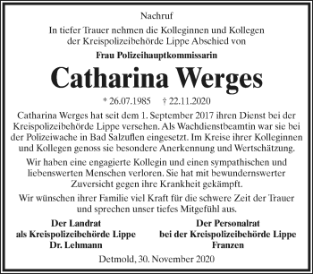 Anzeige  Catharina Werges  Lippische Landes-Zeitung