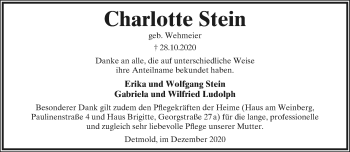 Anzeige  Charlotte Stein  Lippische Landes-Zeitung