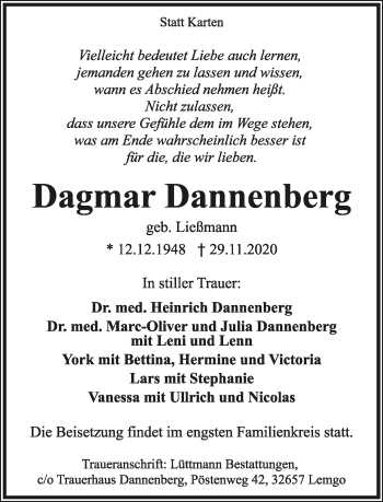 Anzeige  Dagmar Dannenberg  Lippische Landes-Zeitung